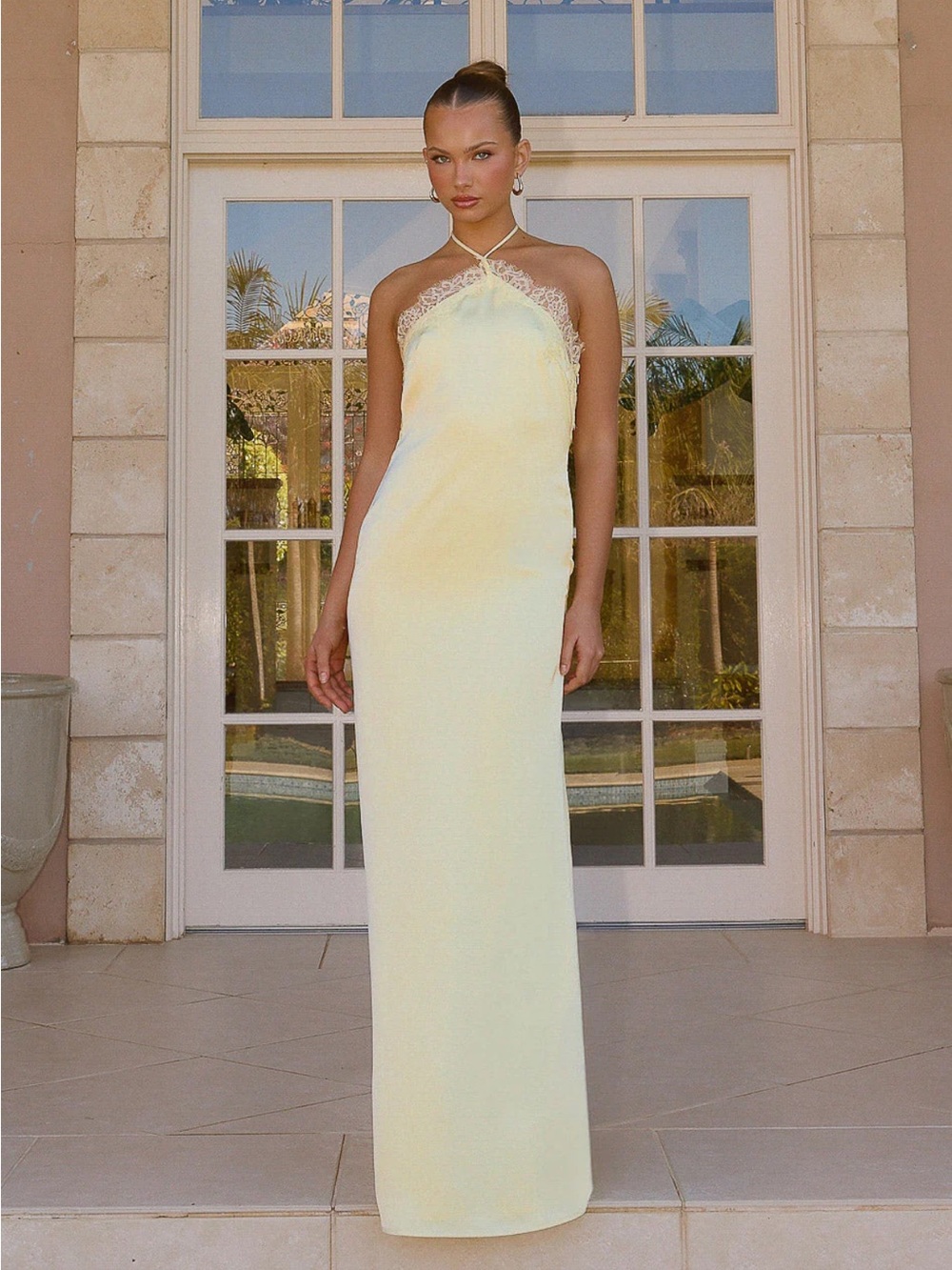 Peppermayo Pale Yellow Lace-Trim Halter Maxi Dress